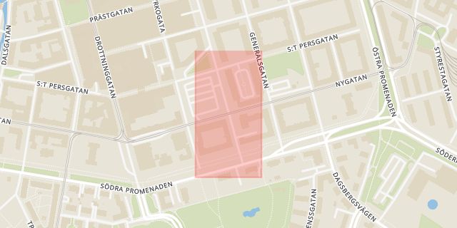 Karta som med röd fyrkant ramar in Kristinagatan, Nygatan, Norrköping, Östergötlands län