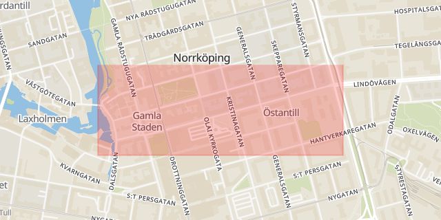 Karta som med röd fyrkant ramar in Östantill, Repslagaregatan, Norrköping, Östergötlands län