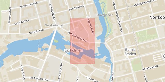 Karta som med röd fyrkant ramar in Sveriges Television, Värna, Laxholmsbron, Källvindsgatan, Holmentorget, Norrköping, Östergötlands län