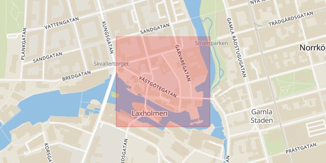 Karta som med röd fyrkant ramar in Västgötegatan, Norrköping, Östergötlands län