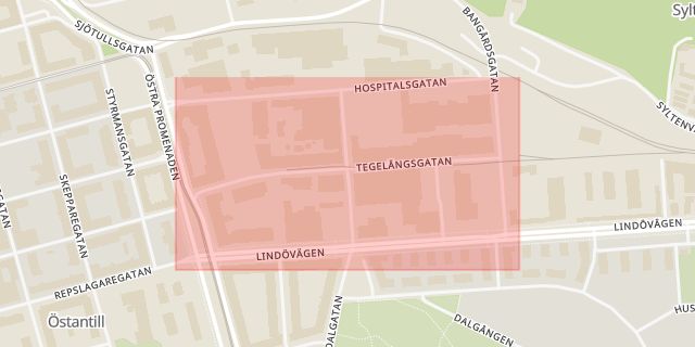 Karta som med röd fyrkant ramar in Tegelängsgatan, Lida, Norrköping, Östergötlands län