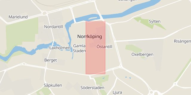Karta som med röd fyrkant ramar in Östergötland, Händelö, Norrköping, Kristinagatan, Östantill, Mantorp, Östergötlands län