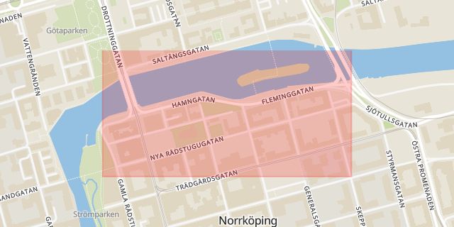Karta som med röd fyrkant ramar in Fleminggatan, Norrköping, Östergötlands län