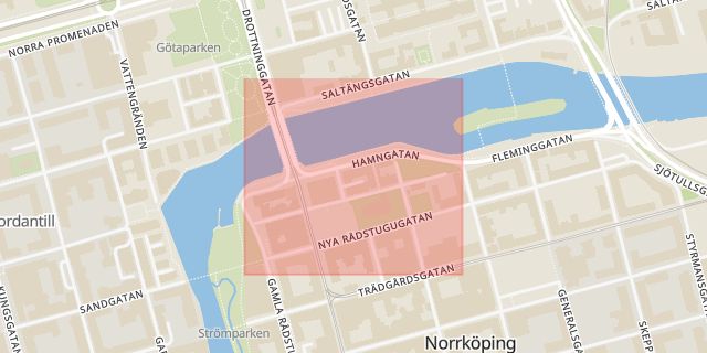 Karta som med röd fyrkant ramar in Drottninggatan, Hamngatan, Norrköping, Östergötlands län