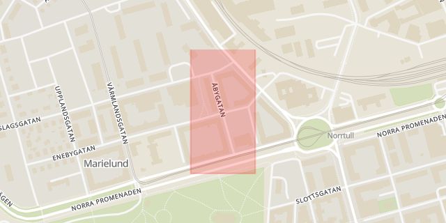 Karta som med röd fyrkant ramar in Åbygatan, Enebygatan, Norrköping, Östergötlands län