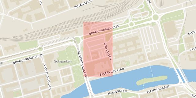 Karta som med röd fyrkant ramar in Rodgagatan, Norrköping, Östergötlands län