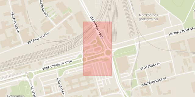 Karta som med röd fyrkant ramar in Resecentrum, Kristinagatan, Norrköping, Östergötlands län
