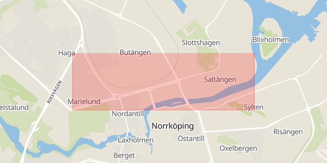 Karta som med röd fyrkant ramar in Norra Promenaden, Promenaden, Norrköping, Östergötlands län