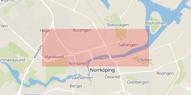 Karta som med röd fyrkant ramar in Norra Promenaden, Norrköping, Östergötlands län
