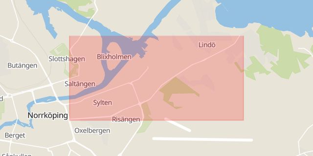 Karta som med röd fyrkant ramar in Lindövägen, Norrköping, Östergötlands län
