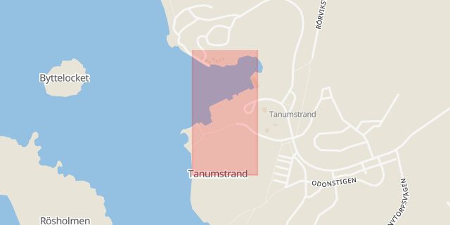 Karta som med röd fyrkant ramar in Tanumstrand, Grebbestad, Tanum