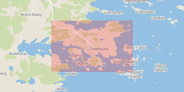 Karta som med röd fyrkant ramar in Linköping, Föra, Gård, Oxelösund, Södermanlands län