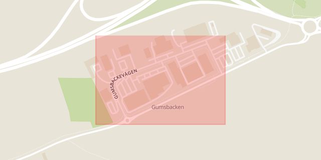 Karta som med röd fyrkant ramar in Gumsbackevägen, Nyköping, Södermanlands län
