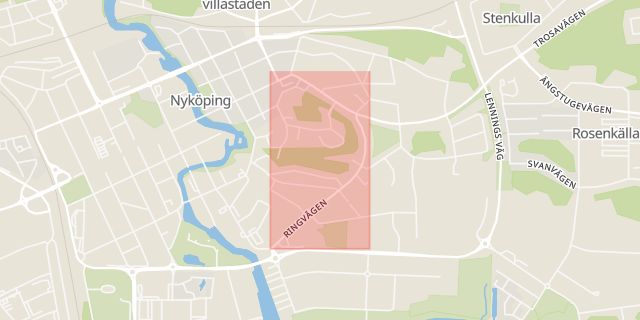 Karta som med röd fyrkant ramar in Ringvägen, Nyköping, Södermanlands län