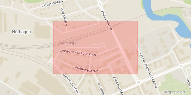 Karta som med röd fyrkant ramar in Södra Bangårdsgatan, Nyköping, Södermanlands län