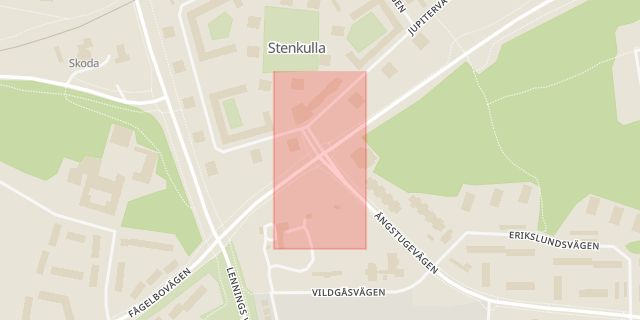 Karta som med röd fyrkant ramar in Ängstugevägen, Trosavägen, Erikslundsvägen, Nyköping, Södermanlands län