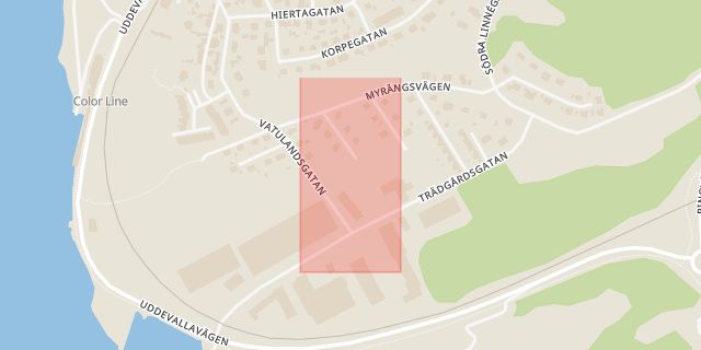 Karta som med röd fyrkant ramar in Myren, Uddevallavägen, Strömstad, Västra Götalands län