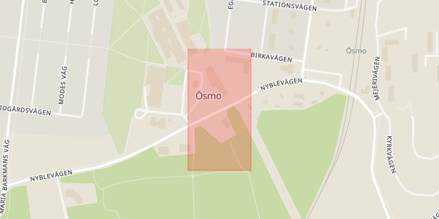 Karta som med röd fyrkant ramar in Ösmo Centrum, Nynäshamn, Stockholms län