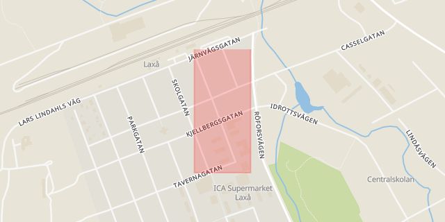 Karta som med röd fyrkant ramar in Postgatan, Laxå, Örebro län