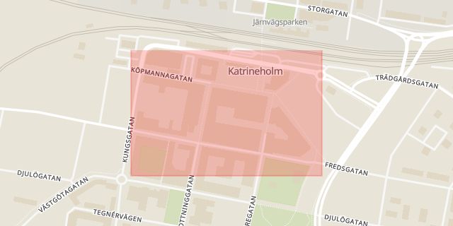 Karta som med röd fyrkant ramar in Köpmangatan, Katrineholm, Södermanlands län