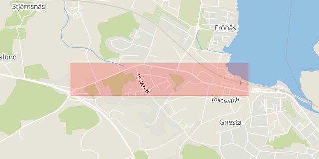 Karta som med röd fyrkant ramar in Västra Storgatan, Gnesta, Södermanlands län