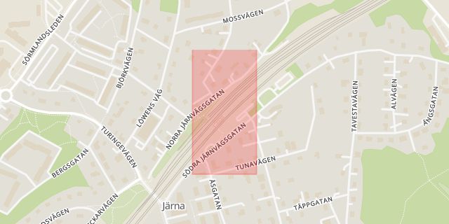 Karta som med röd fyrkant ramar in Järna Station, Södertälje, Stockholms län