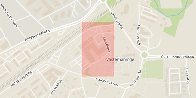 Karta som med röd fyrkant ramar in Kyrkvägen, Haninge, Stockholms län