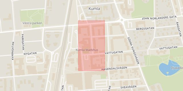 Karta som med röd fyrkant ramar in Trädgårdsgatan, Kumla, Örebro län