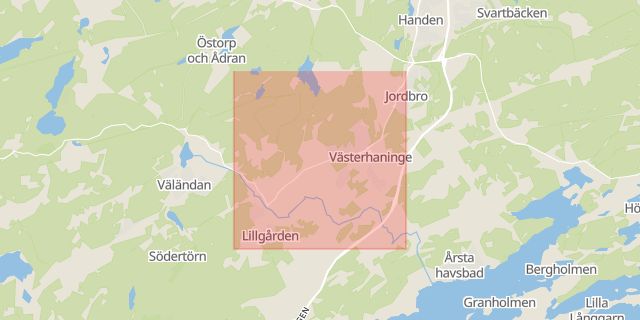 Karta som med röd fyrkant ramar in Västerhaninge, Haninge, Stockholms län
