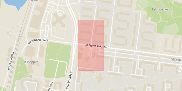 Karta som med röd fyrkant ramar in Odenvägen, Sleipnervägen, Haninge, Stockholms län