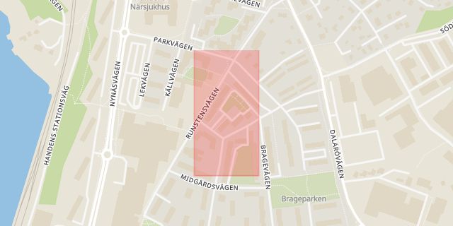 Karta som med röd fyrkant ramar in Smedvägen, Brandbergen, Haninge, Stockholms län