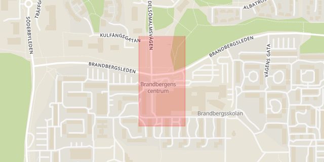 Karta som med röd fyrkant ramar in Brandbergens Centrum, Haninge, Stockholms län