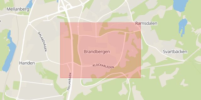 Karta som med röd fyrkant ramar in Brandbergen, Haninge, Stockholms län