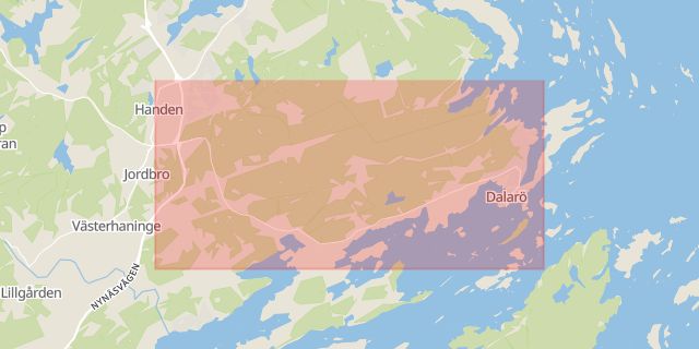 Karta som med röd fyrkant ramar in Dalarövägen, Tungelsta, Jordbro, Haninge, Stockholms län