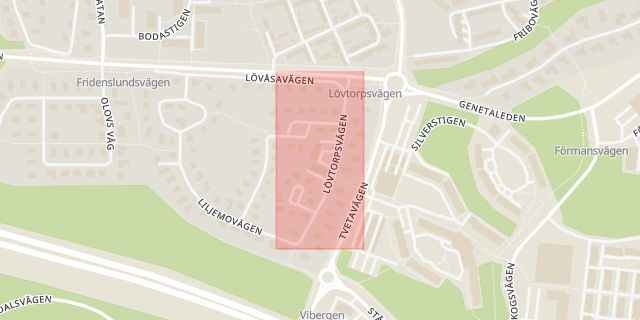 Karta som med röd fyrkant ramar in Lövtorpsvägen, Södertälje, Stockholms län