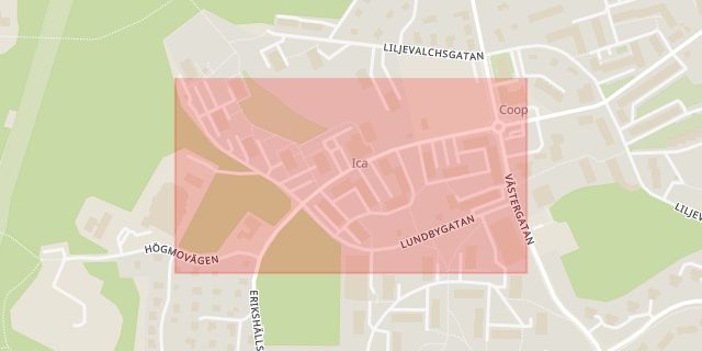 Karta som med röd fyrkant ramar in Lundbygatan, Västergård, Södertälje, Stockholms län