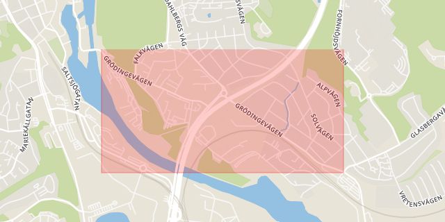 Karta som med röd fyrkant ramar in Grödingevägen, Södertälje, Stockholms län