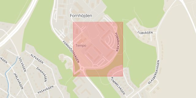 Karta som med röd fyrkant ramar in Fornbacken, Södertälje, Stockholms län