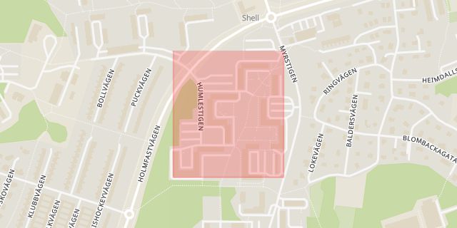 Karta som med röd fyrkant ramar in Humlestigen, Södertälje, Stockholms län