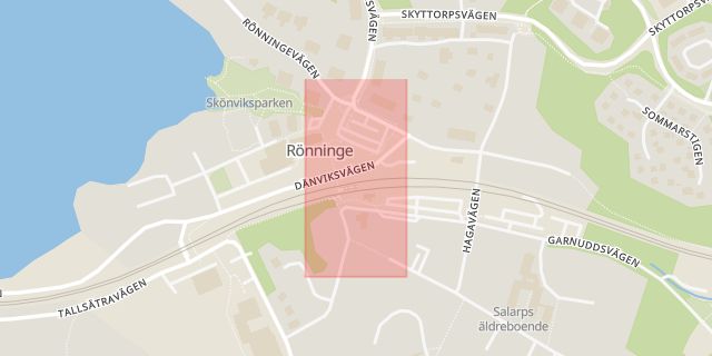 Karta som med röd fyrkant ramar in Rönninge Station, Salem, Stockholms län