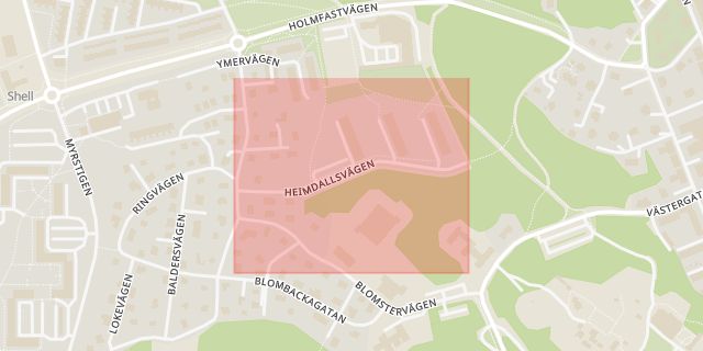 Karta som med röd fyrkant ramar in Heimdallsvägen, Stockholm, Kungsholmen, Södertälje, Stockholms län