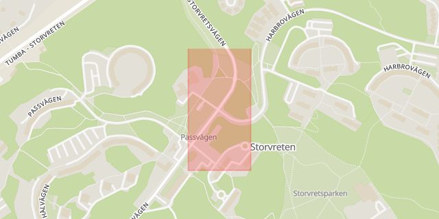 Karta som med röd fyrkant ramar in Storvreten, Botkyrka, Stockholms län