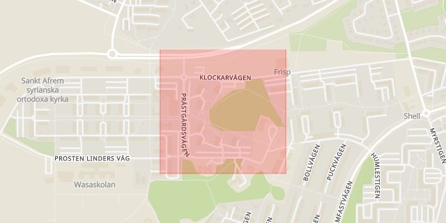 Karta som med röd fyrkant ramar in Prästgårdsvägen, Södertälje, Stockholms län