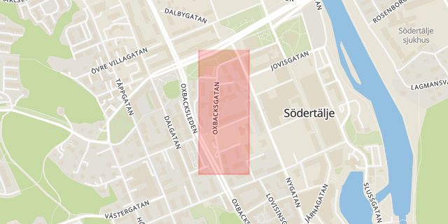 Karta som med röd fyrkant ramar in Södertälje Centrum, Oxbacksgatan, Södertälje, Stockholms län