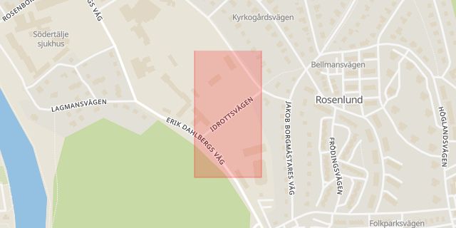 Karta som med röd fyrkant ramar in Brunnsäng, Idrottsplatsen, Södertälje, Stockholms län