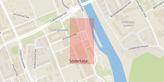 Karta som med röd fyrkant ramar in Köpmangatan, Mälaregatan, Södertälje, Stockholms län