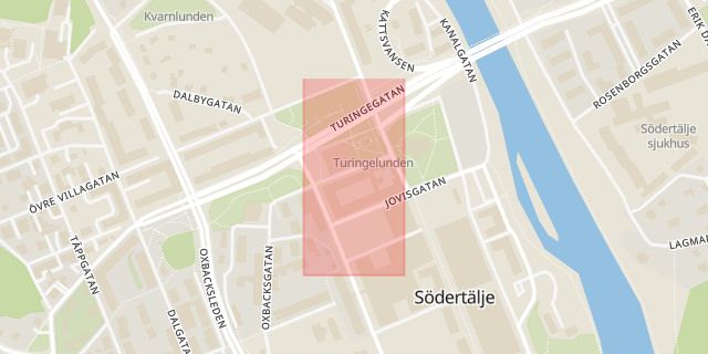 Karta som med röd fyrkant ramar in Kaplansgatan, Södertälje, Stockholms län