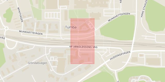 Karta som med röd fyrkant ramar in Tumba Station, Tumba Centrum, Botkyrka, Stockholms län