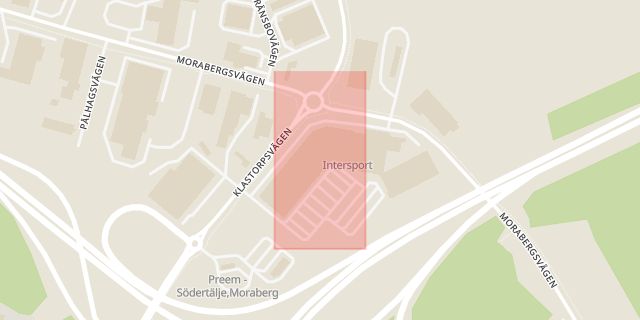 Karta som med röd fyrkant ramar in Trafikplats Moraberg, Södertälje, Stockholms län