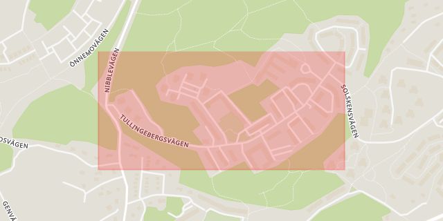 Karta som med röd fyrkant ramar in Tullinge, Tullingebergsvägen, Botkyrka, Stockholms län